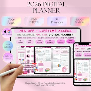 Op de afbeelding: Digitale planner voor 2026 met een roze thema, met 700+ pagina's, 32 planners en 6000+ stickers. Inclusief levenslange toegang en ontworpen voor iPad en tablet. De planner biedt 48 covers, 748 pagina's en 99 notitieboeken.