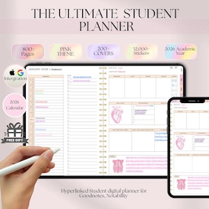 Peut inclure: Un agenda numérique étudiant affiché sur une tablette et un smartphone, avec le texte "THE ULTIMATE STUDENT PLANNER." Comprend 800+ pages, un thème rose, 200+ couvertures, 32 000+ autocollants et l'année scolaire 2026. L'agenda est hyperlié pour Goodnotes et Notability.