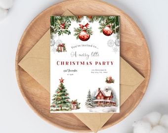 Editable Christmas Party Invitation, Watercolor Holiday Design (Digital Download)
