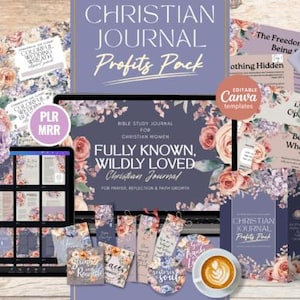 Peut inclure: Ensemble de produits de journal chrétien, comprenant un écran d'ordinateur portable affichant un journal, une tablette, des documents imprimés et une tasse de café. Les articles sont décorés de motifs floraux et du texte "Christian Journal Profits Pack".