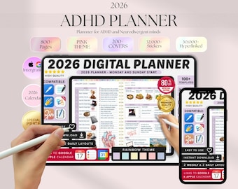 2026 ADHD Digital Planner: Daily, Weekly, Monthly (Goodnotes, Notability)