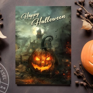 May include: A Halloween greeting card with a spooky illustration of a jack-o'-lantern in front of a haunted house. The card reads "Happy Halloween".