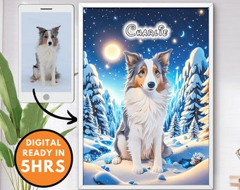 May include: A digital painting of a blue merle border collie dog sitting in a snowy forest scene. The dog is looking at the viewer and has a name tag that says "Charlie". The background is a dark blue sky with stars and a full moon.