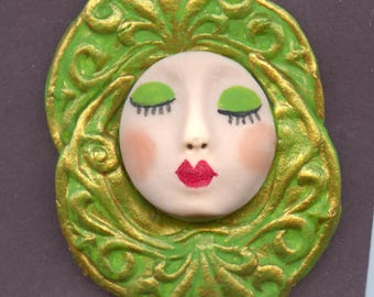 Rostro detallado de estilo Art Nouveau, arcilla polimérica, 6,35 cm x 3,8 cm de ancho, Cab A 88