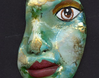 New !  Outsider Art Polymer Clay One Of A Kind  3" x 1 3/4"  Detailed  Abstract Alcohol Inked Face Shard  AAB 9