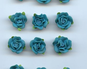 A Lot of Clay Flower beads One Dozen Teal Blue side drilled 10 mm ARSB 4