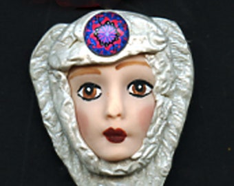 Gift Idea !  Polymer Angel   Detailed  Face with Wings in  Metallic Pearl  2 1/2 "   x 1 3/4"   APAL 8