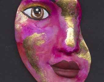 New !  Outsider Art Polymer Clay One Of A Kind  2 3/4" x 2"  Detailed  Abstract Alcohol Inked Face Shard  AAB 1