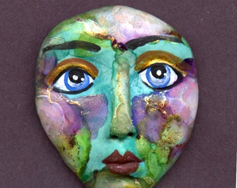 New !  Polymer Clay One Of A Kind  Detailed  Abstract Alcohol Inked Face  A 2