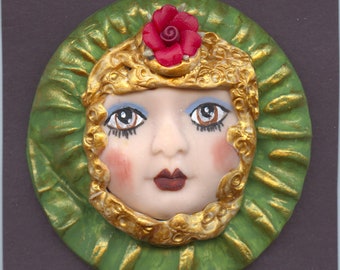 Polymer clay  Green  Large  Cab. Textured   Circle with Face  2 1/4" x 2 1/4"  A 38