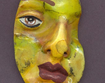 New !  Outsider Art  Large Polymer Clay One Of A Kind  2 3/4" x 1 3/4"  Detailed  Abstract Alcohol Inked Face Shard  A 1