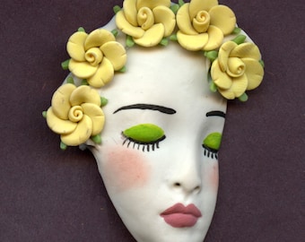 A Polymer Clay  White  Detailed  Art Doll face Profile  with Yellow flowers A 2