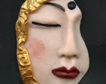 One of a Kind Face Shard  2 Inch x  1 1/4" Gold textured Polymer Clay Face Shard   ALBD 2