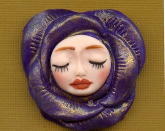 Polymer Clay Face in Rose Cab  Purple with gold 1 1/2" x 1 1/2"   A 2