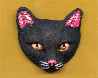 NOUVEAU !! Une tête de chat en polymère plus petite, noir AC 7 2 x 2 po