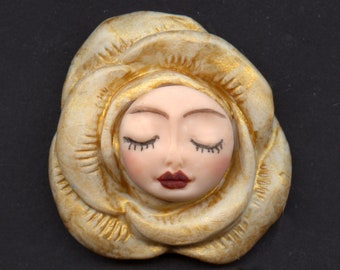 Polymer Clay Face in Rose Cab  White with gold 1 1/2" x 1 1/2"   ARF 1