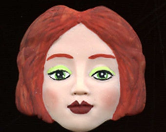 New !  Polymer Clay Art Doll Face with Red  Hair   1 7/8" x 2"  Cab AHRD 7