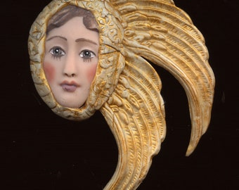 Polymer Large Angel  Face with Wings in  Metallic Gold   3 1/2" long  x 3 " wide Undrilled   AAN 1