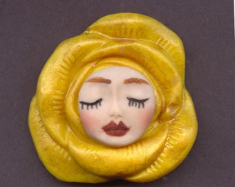 Polymer Clay Face in Rose Cab  Yellow with gold 1 1/2" x 1 3/4"   A 3