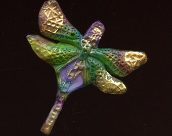 New !!  Polymer clay  Alcohol Inked Dragonfly Cab. Textured Rainbow, Gold A 3