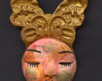Polymer Clay One of a Kind Butterfly face  2 1/2 " long x 1 7/8" wide 2 D with abstract face   BFY 3