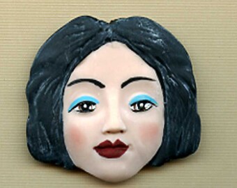 New !  Polymer Clay Art Doll Face with BlackHair   1 7/8" x 2" Cab AHBK 6