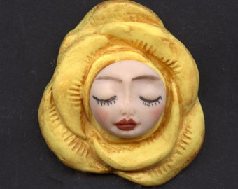 Polymer Clay Face in Rose Cab  Yellow with gold 1 3/4" x 1 1/2"   ARF 9