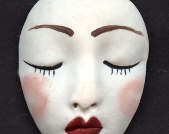 Polymer Clay   1 5/8" x 1  1/4" Detailed   White Art Doll  Face  Cab  ANW 4