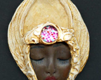 New !! A Larger  Brown One of a Kind   with gold textured and  layered   polymer Clay  face Cab 3 1/8 " long x  2 1/4" wide  ABGF 8