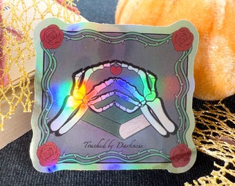 Dark Romance Holographic Sticker, Skeleton Hands Book Lover Gift