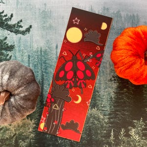 Mothman Bookmark, Spooky Season, Red, Black Moth Fantasy Bookmark, Spooky Cottagecore Autumn Bookmark, Cryptid Book Accessory, Moth Bookmark