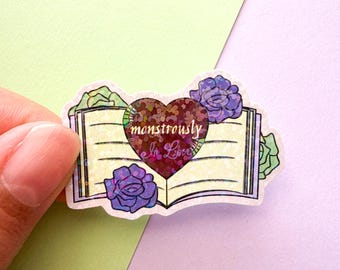 Monster Romance Book Sticker, "Monstrously in Love" Glitter Heart