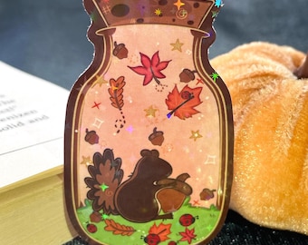 Squirrel Jar Holographic Sticker, Autumn Bookish Gift