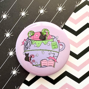 Halloween Pin, Spooky Season Accessory, Black Cat Teacup Pinback Button