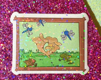 Frog and Dragonfly Sticker, Vinyl Sticker, Holographic Sticker, Frog Decal, Frog and Toad, Insect Art, Cottagecore Sticker, Cottagecore Gift