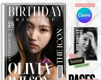 39-Page Editable Birthday Magazine Template for Canva - Vogue DIY Birthday Magazine - Customizable Birthday Gift - Personalized Magazine.