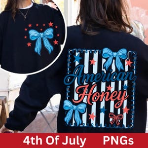 American Honey Flag Bows Coquette PNG Sublimation DTF Trendy Red White Blue Front Back Design USA Independence Fourth of July Memorial