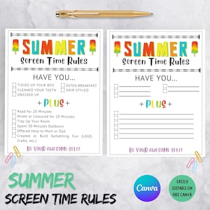 Summer Screen Time Checklist, Screen Time Rules, Editable Screen Time Chore Chart, Screen Time Tracker, Printable Chore List for Kids Season