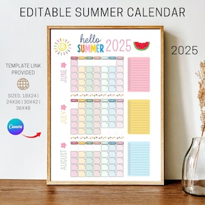 Summer Calendar Large Planner Poster Printable Digital Download Easy Cute Schedule for Kids Fun Summer Calendar Activity 2025 End of School