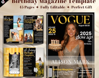 45-Page Editable Birthday Magazine Template for Canva, Vogue DIY Birthday Magazine, Customizable Birthday Gift, Personalized Magazine.