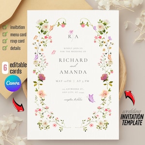 Suite, Wildflower Wedding Invitation Template, Printable Boho Floral Template, Printable Wedding Invitation, Wildflower Invitation, NELLY