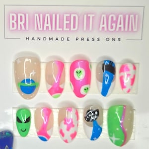 Hand Painted Alien Cow Print Press On Nails: Funky Retro Gel Nail Set