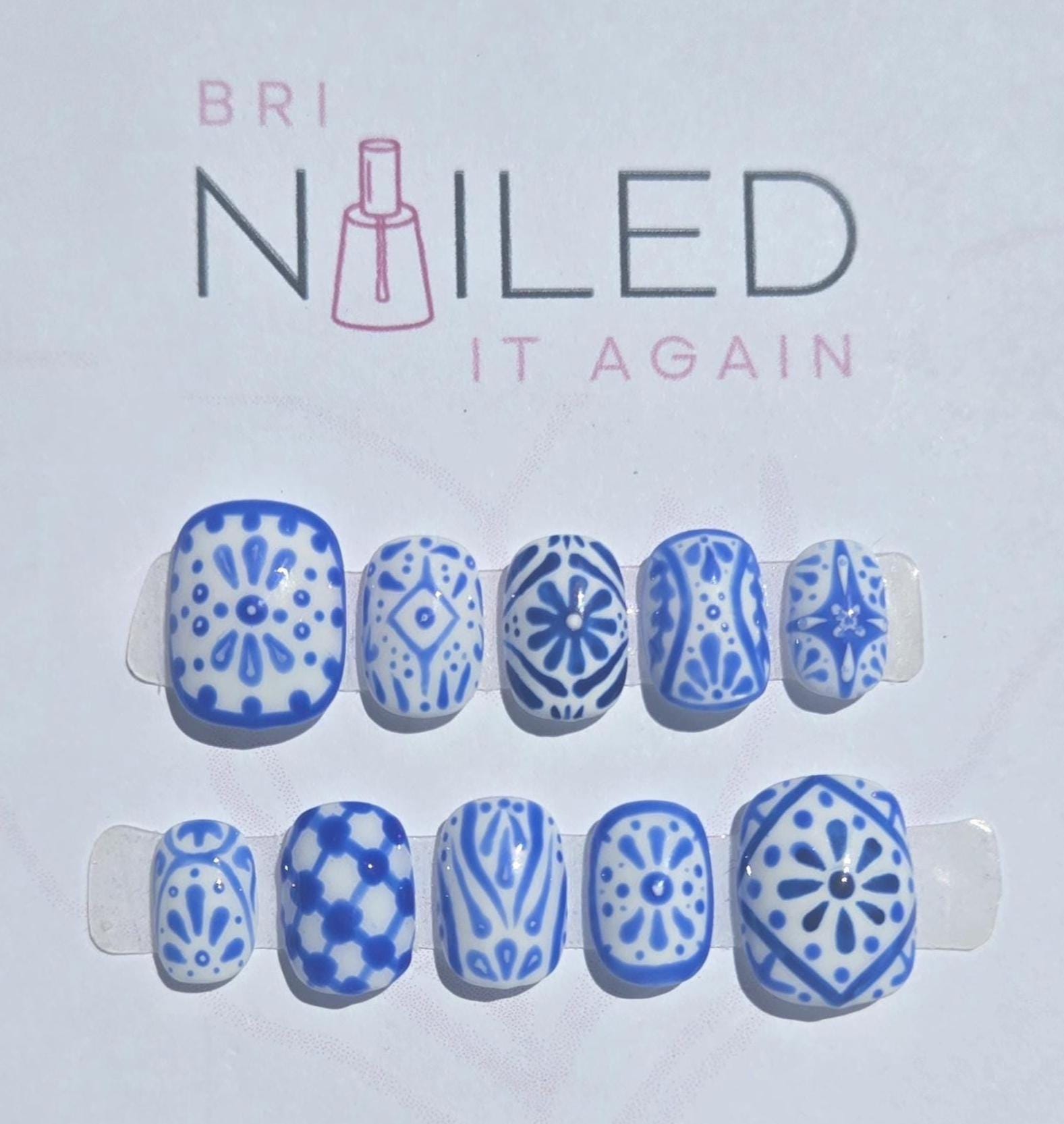 Hand Painted GEL Reusable Press On Nails: Talavera Blue Porcelain Western Pottery prom bridal