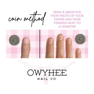 May include: An instructional graphic titled coin method with text reading: SEND A BIRDS EYE VIEW PHOTO OF YOUR THUMB AND YOUR FINGERS NEXT TO A QUARTER. The image displays a thumb and fingers positioned beside a US quarter coin for scale.