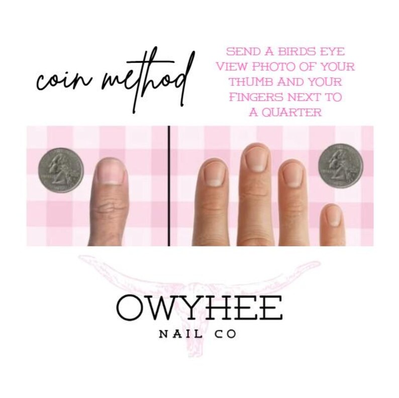 May include: An instructional graphic titled coin method with text reading: SEND A BIRDS EYE VIEW PHOTO OF YOUR THUMB AND YOUR FINGERS NEXT TO A QUARTER. The image displays a thumb and fingers positioned beside a US quarter coin for scale.