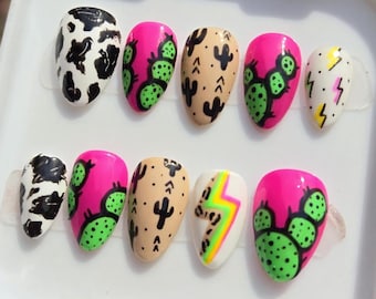 Hand Painted Press On Nails: Western Cactus Cow Print, Gel Reusable Nails