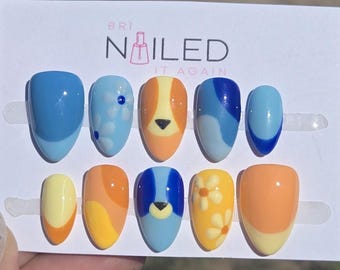 Hand Painted Bluey Press On Nails: Custom Gel Nail Set Bluey Bingo