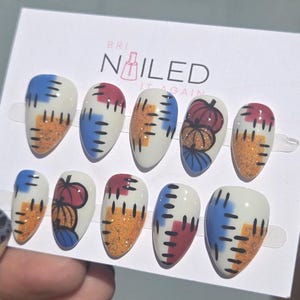 Hand Painted GEL Reusable Press On Nails: Fall Pumpkins Scarecrow Patches Western prom bridal