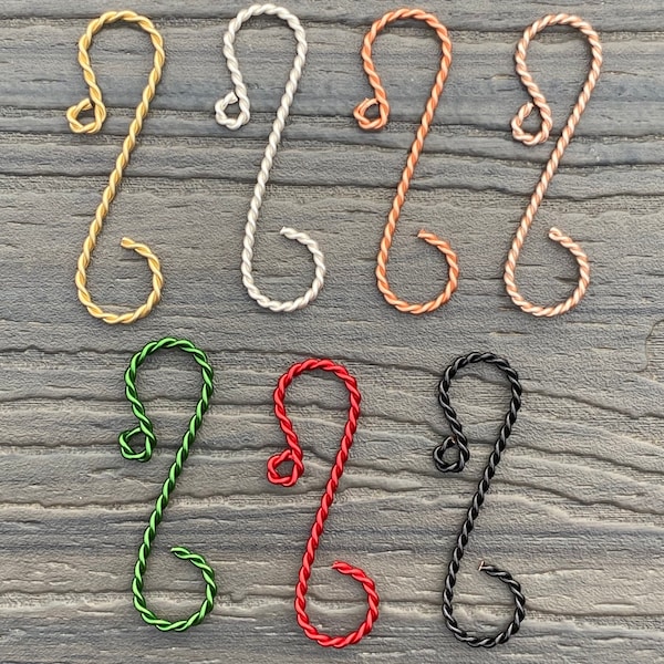 Twisted Ornament Hooks, 2", Set of 12. Choice of Gold, Silver, Copper, Rose Gold, Green, Red, Black.