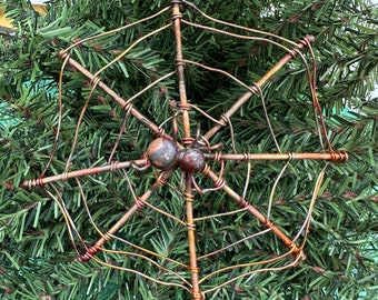 Copper Spider in Web Ornament, Christmas Spider